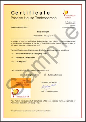 Certified Passive House Tradesperson certificate